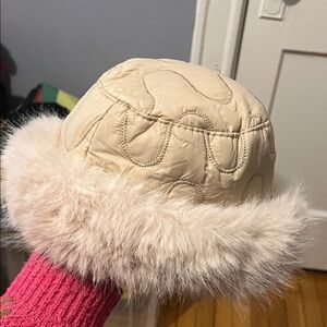 Quilted Beige Women's Hat with Faux Fur Trim